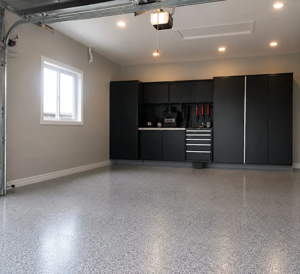 Dalle de béton de garage entièrement reconstruite, avec finition lisse, dans le cadre de travaux de rénovation réalisés par Créations CGC.
