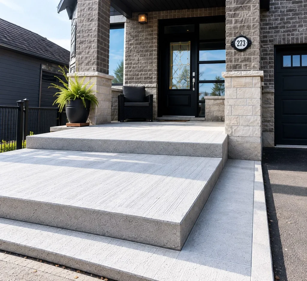 Entrée résidentielle avec dalle et marches en béton, finition soignée et aménagement extérieur moderne – Créations CGC.