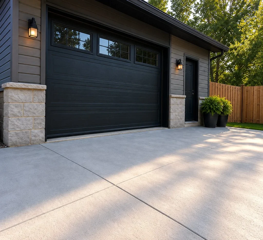 Garage résidentiel avec dalle de béton extérieure fraîchement réalisée, surface uniforme et finition soignée – Travaux de béton réalisés par Créations CGC.