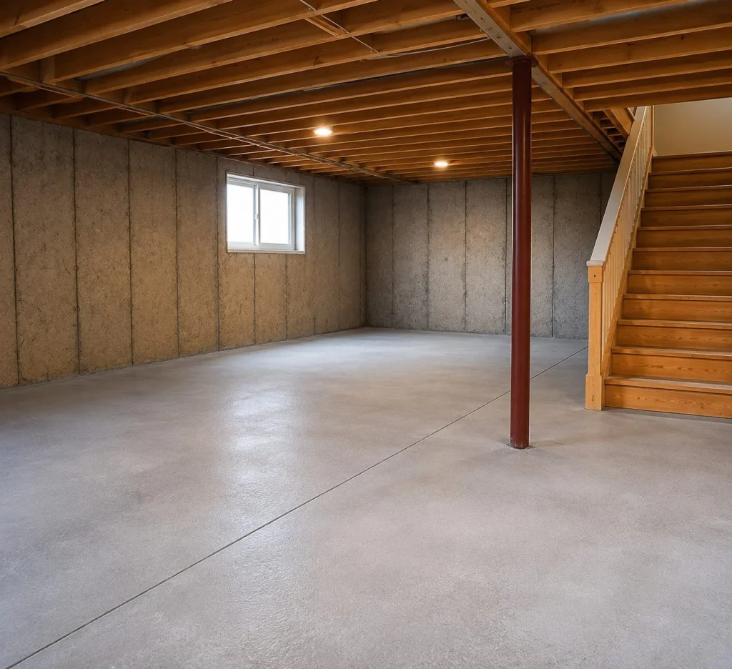 Dalle de béton neuve réalisée au sous-sol d’une résidence, offrant une surface uniforme et durable à la suite de travaux de réfection des fondations – Créations CGC.