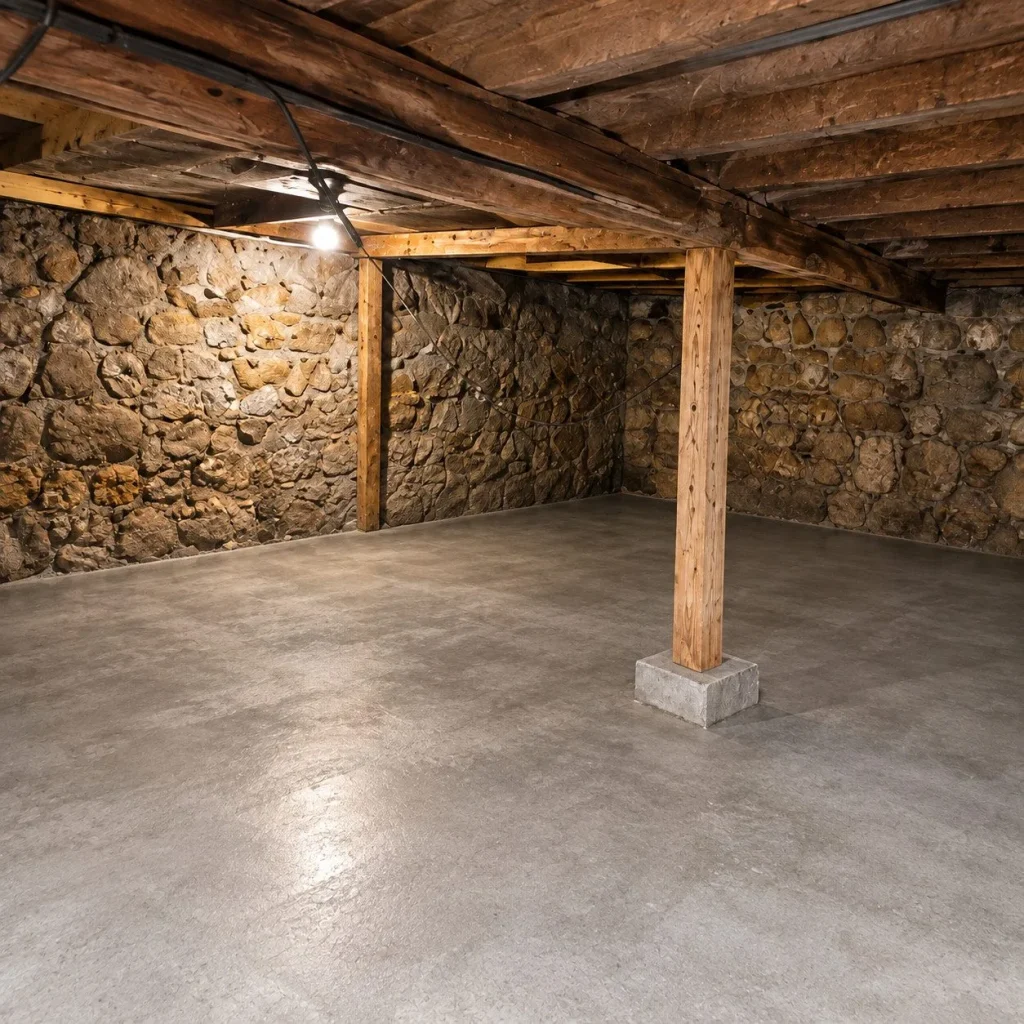 Garage résidentiel rénové avec nouvelle dalle de béton à finition soignée, armoires de rangement noires et espace de travail aménagé – Créations CGC.